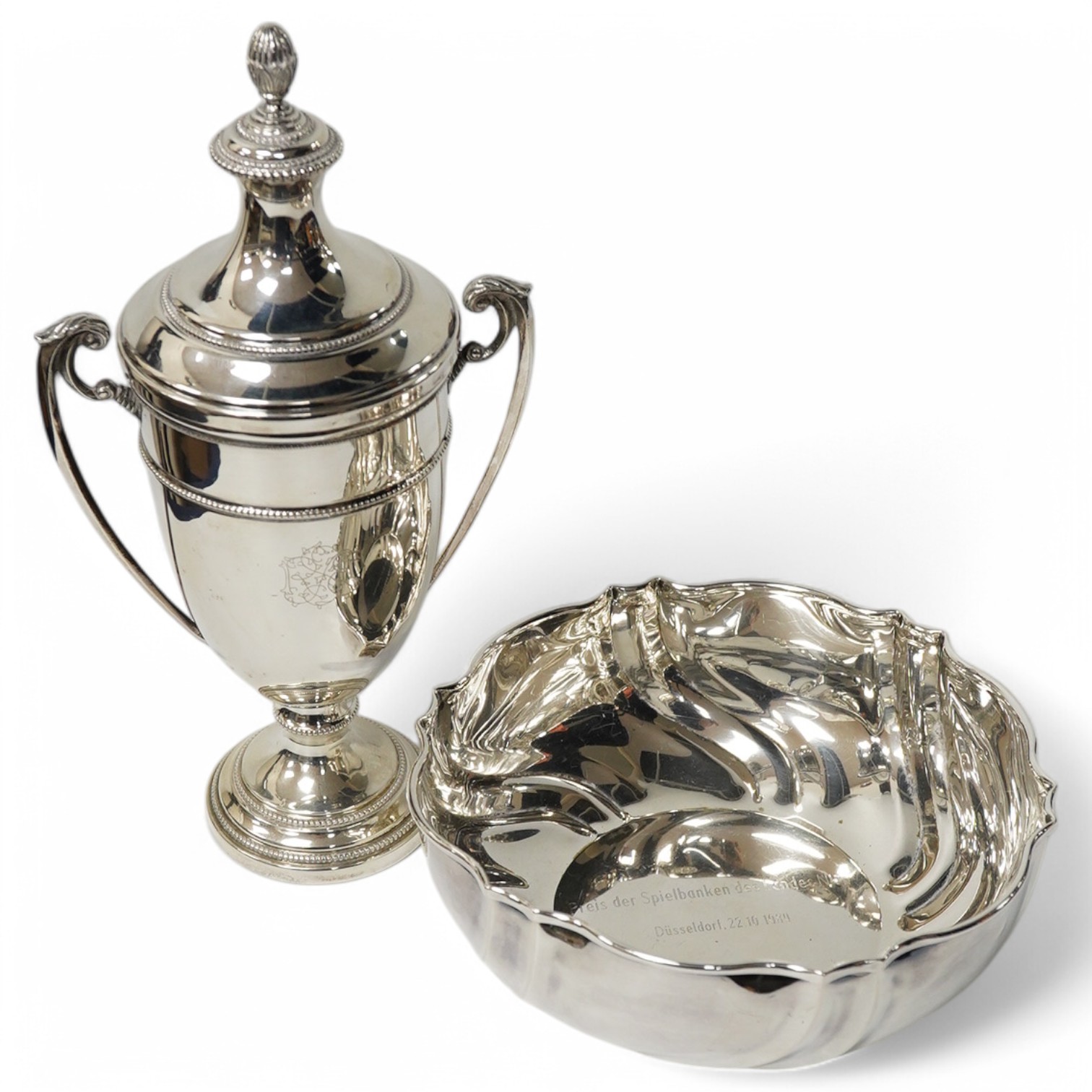 A modern Italian 800 standard white metal two handled cup and cover and a similar wrythened bowl, 14.1oz. Condition - fair to good